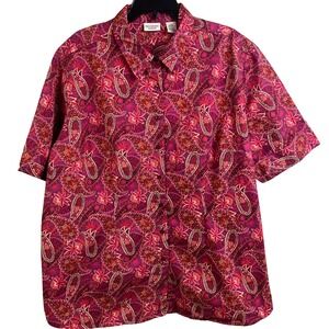 Crossroads Hot Pink Paisley Floral Print Short Sleeve Button Down Shirt Boho 22W